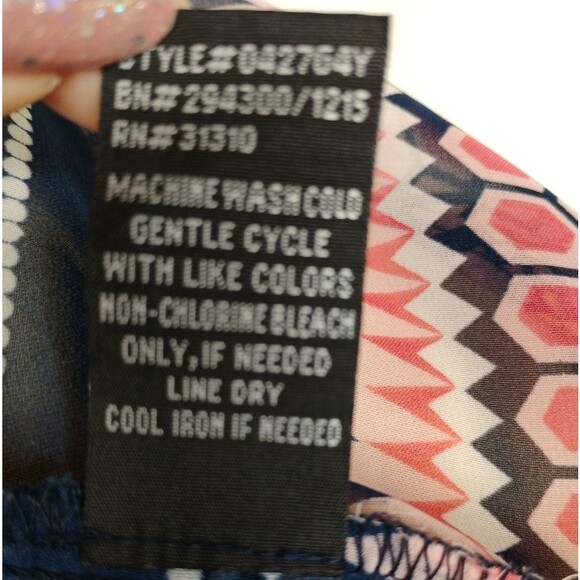 AGB Sheer Blouse Top Meduim Geometric Design Vneck Pink Yellow Green Blue White - Picture 7 of 16